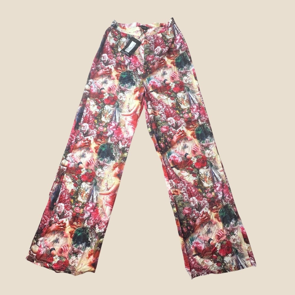PrettyLittleThing‎ Trousers Womens 6 Pink Rose Femme Renaissance Print Wide Leg